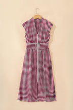 Coffee Plaid Print Full Zipper Cinched Waist Fit Flare Sleeveless Maxi Dress