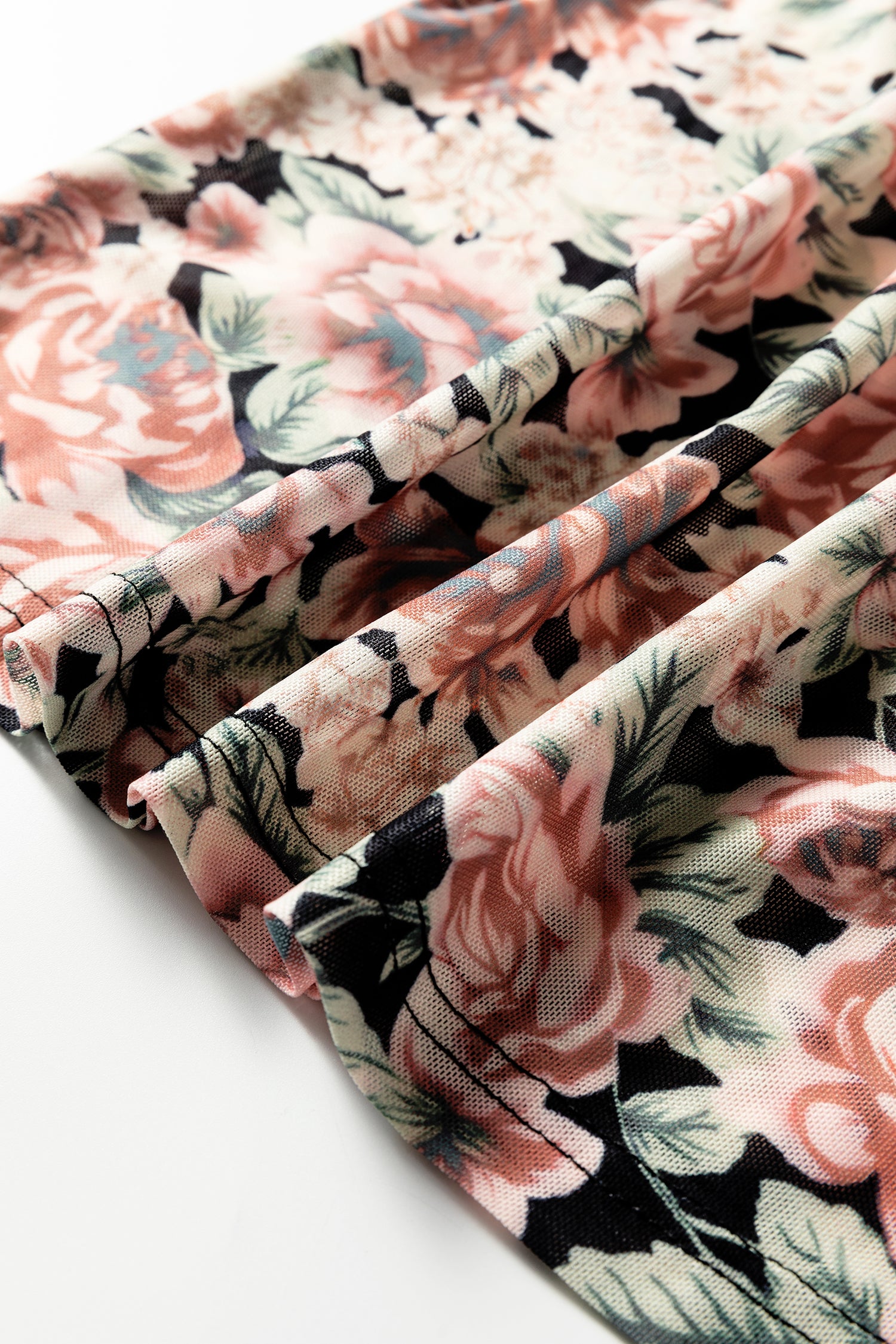 White Retro Floral Print Mock Neck Mesh Long Sleeve Top