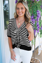 Sky Blue Stripe Short Sleeve Knit V Neck Bow Knot Sweater