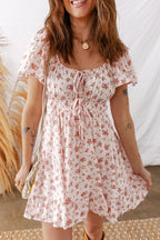 Pink Front Tie Shirred Waist Short Sleeve Ruffled Floral Mini Dress