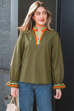 Fiery Red Striped Trim Ruffle Split Neck Long Sleeve Blouse