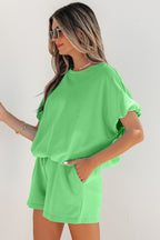 Light Blue Solid Color Puffy Loose Top Drawstring Shorts 2pcs Outfit