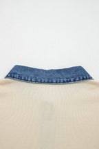 Jet Stream Short Sleeve Knit Denim Patchwork Polo Collar Sweater