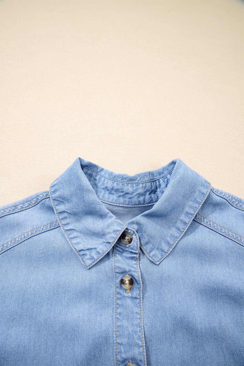 Beau Blue Half Sleeve Button Down Ruffled High Low Chambray Shirt