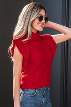 Jet Stream Cable Knit Turtleneck Ruffled Short Sleeve Sweater