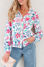 Pink Floral Print Lace Detail Button-up Long Sleeve Shirt