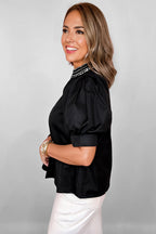 Black Short Puff Sleeve Contrast Embroidered Detail V Neck Blouse