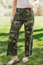 Green Vintage Floral Print Square Patch Pocket Raw Hem Shift Jeans