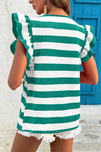 Black Stripe Flutter Sleeve Round Neck T Shirt