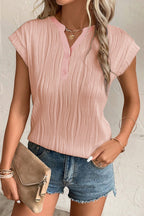 Black Wavy Textured Button V Neck Tee