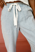 Sky Blue Stripe Mid Rise Drawstring Waist Jeans