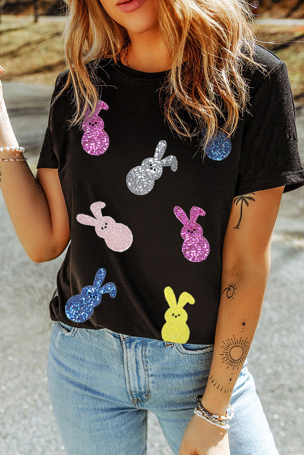 Black Sequin Bunny Doll Graphic Easter Day T Shirt