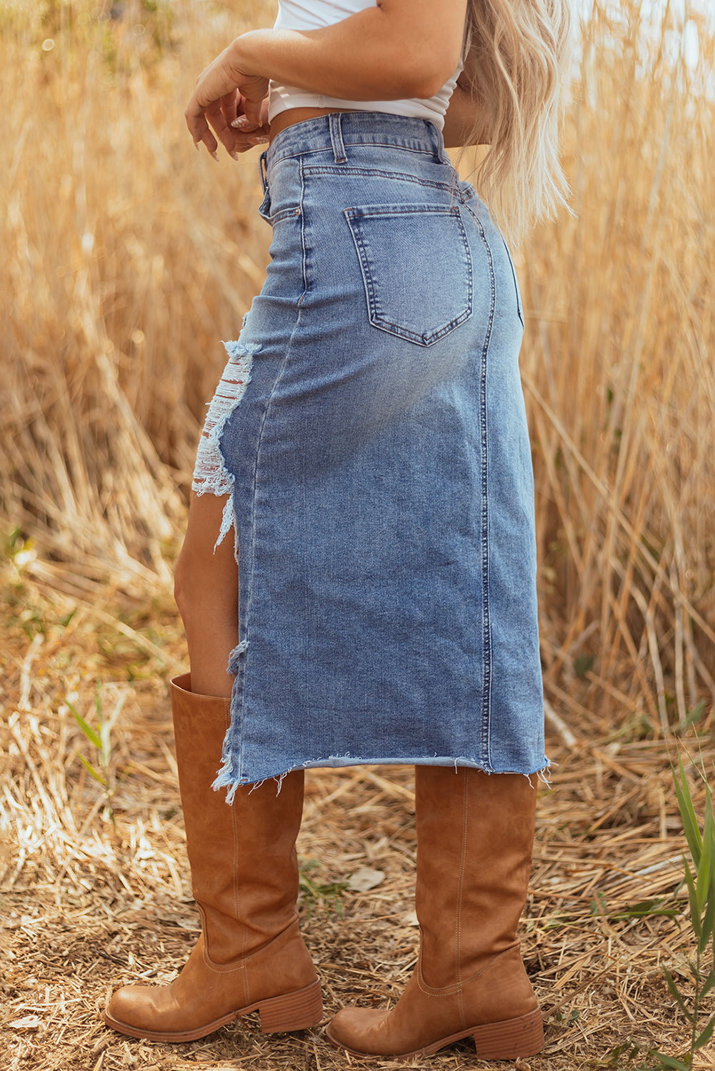 Dark Grey Irregular Distressed Bottom Denim Midi Skirt