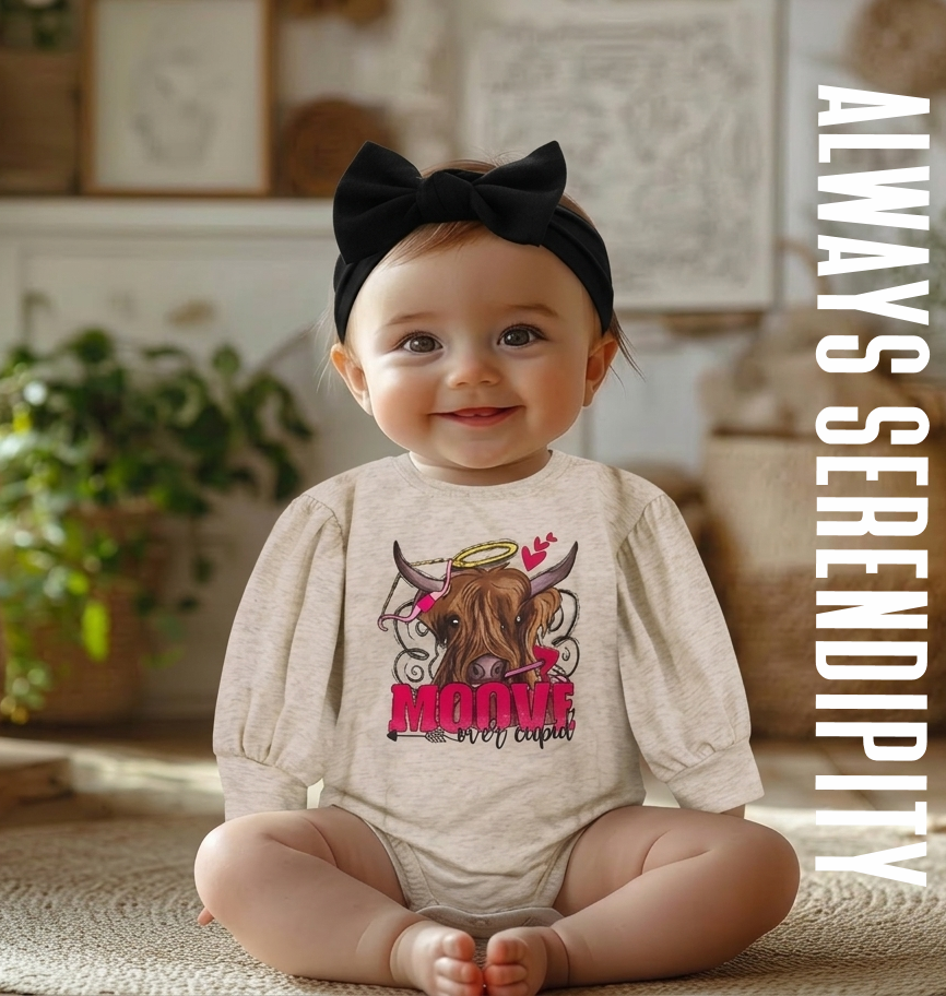 Western "Moove Over Cupid" Highland Cow Romper – Neutral Aesthetic Baby Outfit